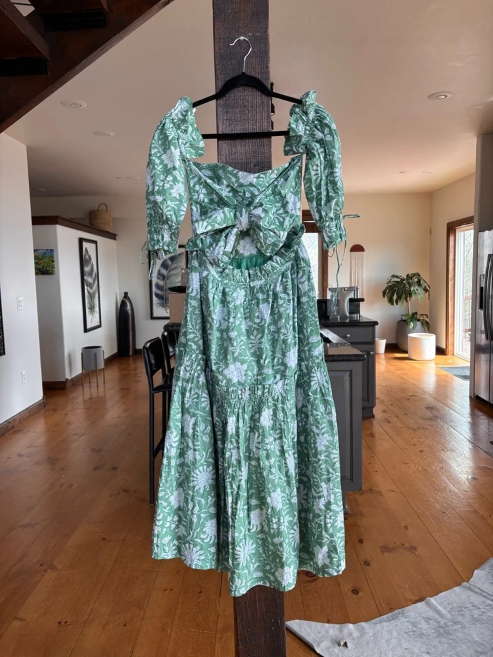 EDDY Olivia Midi Dress Green Ivory Floral Puff Sleeve Bow Back NWT Size S - Picture 9 of 15